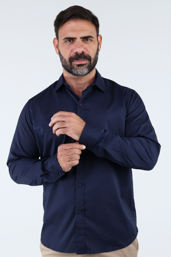 Camisa de Vestir Moda Manga Larga Slim Fit Azul Marino Para Hombre